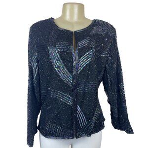 Vintage Stenay Women's Black Sequined and Beaded Silk Long-sleeve Sweater Sz- L